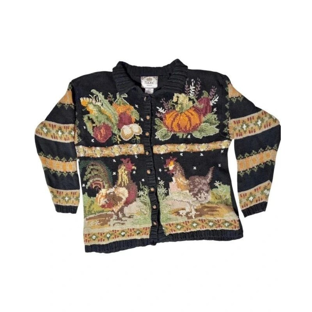Kitschy Novelty Autumn Tiara Rooster Pumpkin Harvest Cardigan - US 18/20